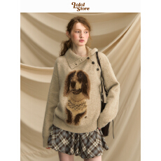 批发LOLOL「早安小腊肠」套头毛衣女秋小狗复古宽松慵懒风外穿针织衫