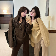 批发美拉德穿搭<b class='q'>宽松</b>V领毛衣女2025冬新款奶fufu慵懒风软糯打底针织衫