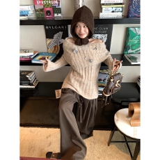 批发法式日暮巴塞亮片立体花一字肩<b class='q'>翻领</b>毛衣