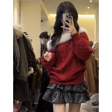 批发毛毛领拼接一字红色麻花<b class='q'>毛衣</b>女秋冬慵懒高级感洋气针织衫上衣