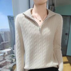 批发半拉链立领麻花针织衫女2025秋冬新款宽松套头时尚休闲毛衣