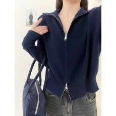 批发没计感双拉链长袖针织衫2025秋冬季立领详气毛衣女外套