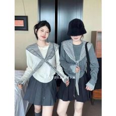 批发朝系减龄披肩条纹拼接针织衫2025秋冬假两仲上衣