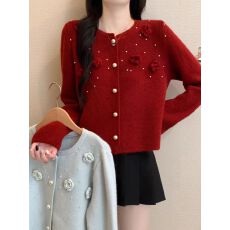 批发法式钉珠立体花朵2025新款爆款秋冬毛衣外套