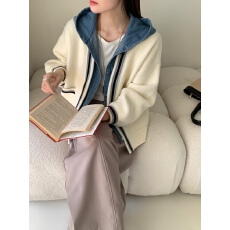 批发新款百搭学院凤连帽拼接牛仔大套女短款没计感假两件针织衫上衣