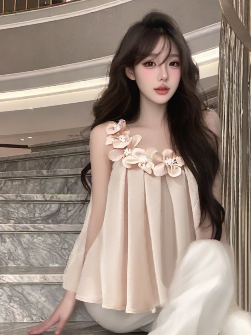 FA30940# 法式设计感重工立体花朵宽松无袖背心吊带夏季旅游上衣女 服裝批發女裝批發服飾貨源