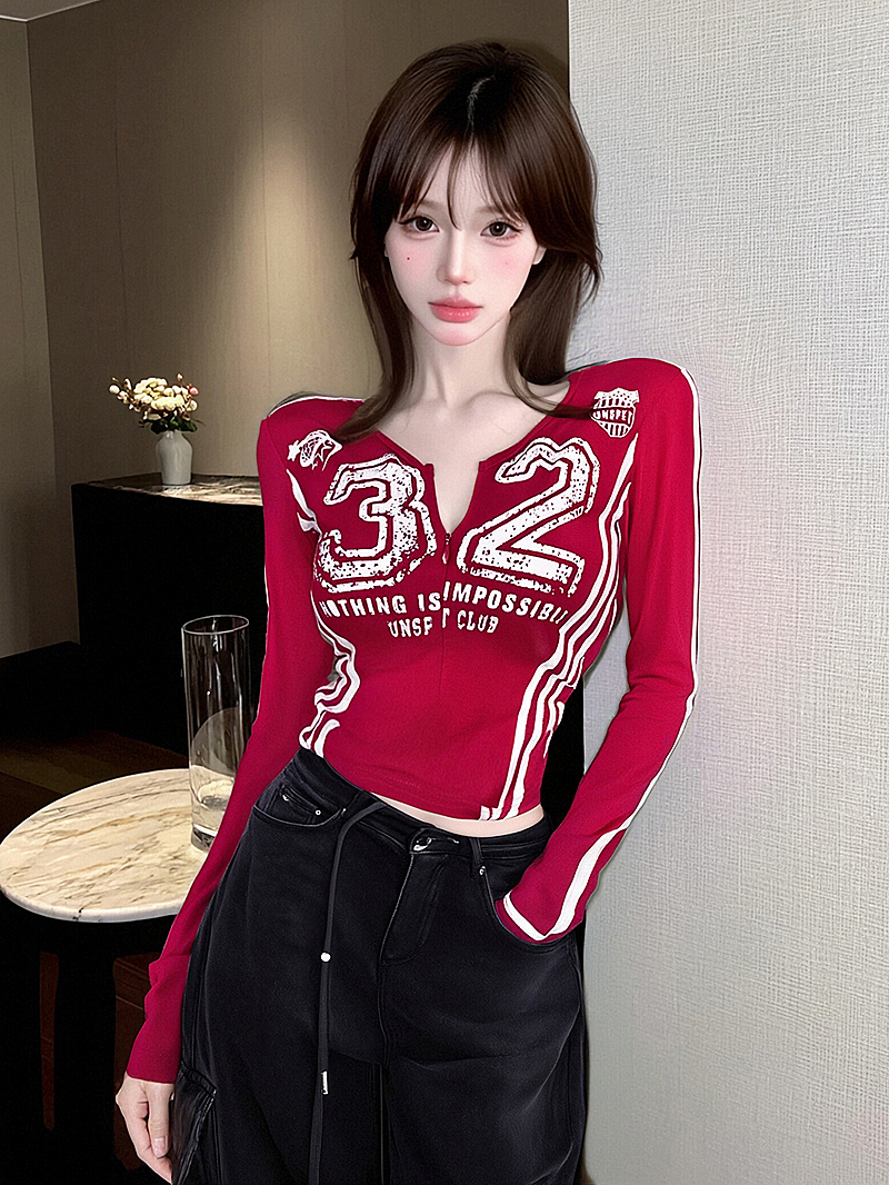 MY13498# 美式复古数字印花V领长袖T恤女辣妹修身显瘦加绒打底衫女裝貨源服裝批發