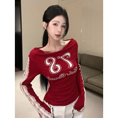 批发实价实拍美式辣妹蕾丝拼接一字肩长袖<b class='q'>T</b><b class='q'>恤</b><b class='q'>运动服</b>修身显瘦打底衫