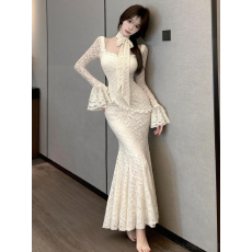 批发实价实拍法式复古喇叭袖鱼尾包臀<b class='q'>连衣裙</b>女<b class='q'>宫廷</b>风修身显瘦蕾丝长裙