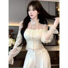 批发实价实拍甜辣重工复古<b class='q'>蕾丝</b>波点上衣花边网纱拼接收腰<b class='q'>衬衫</b>打底衫