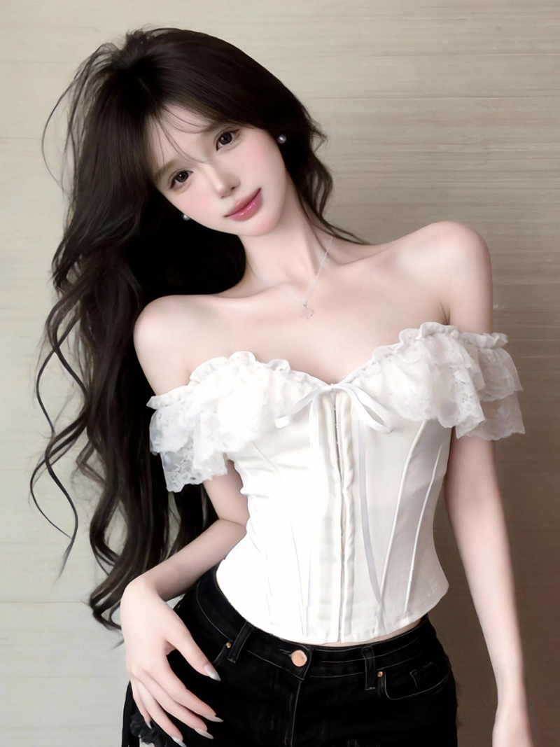 정가 실사 프랑스식 섹시함 레이스 레이스 오프숄더 튜브탑 캐미솔 허리 수축 생선뼈 플라스틱 몸 코르셋