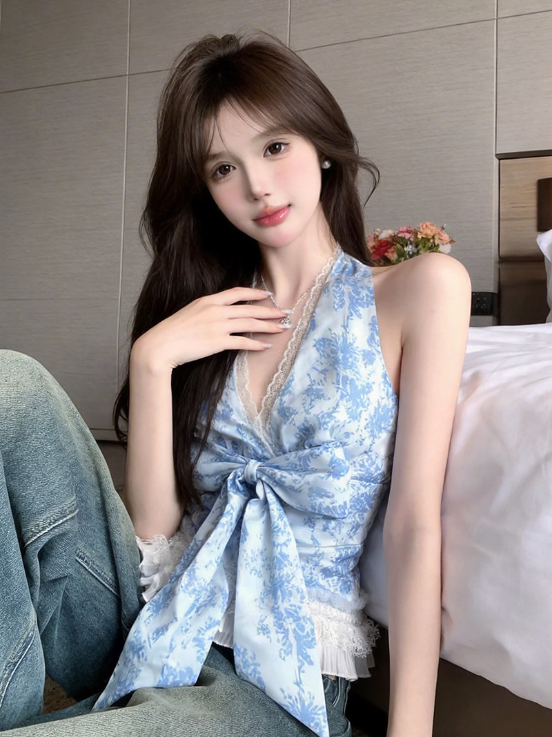 정가 실사 순수한 욕망 핫걸 레이스 레이스 V넥 행침 목 슬립 여성 몸매 가꾸기 슬림해 보이는 민소매 아름다움 뒤쪽에 의류 여름