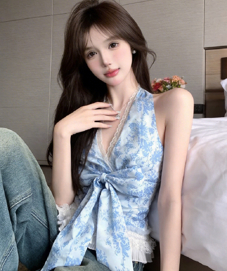 정가 실사 순수한 욕망 핫걸 레이스 레이스 V넥 행침 목 슬립 여성 몸매 가꾸기 슬림해 보이는 민소매 아름다움 뒤쪽에 의류 여름