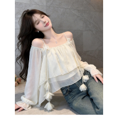 批发实价实拍法式纯欲温柔风浪漫<b class='q'>花朵</b>飘带露肩小衫上衣度假旅游雪纺衫