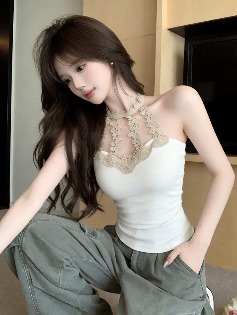 정가 실사 순수한 욕망 바람 섹시함 핫걸 행침 목 캐미솔 레이스 조각 만나는 맨위
