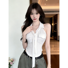 批发实价<b class='q'>实拍</b>韩国纯欲风无袖t恤女翻领飘带衬衫春夏新款显瘦性感上衣