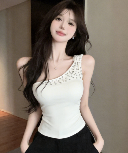 정가 실사 섹시함 달콤한 핫걸 비스듬한 어깨 다이아몬드 세팅 캐미솔 외출용 고유 한 백리스 몸매 가꾸기 쇼트 스타일 맨위
