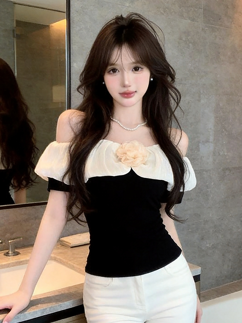 정가 실사 프랑스식 우아함 외국 가스 반팔 티셔츠 여성 달콤함 꽃 몸매 가꾸기 슬림해 보이는 쇼트 스타일 품격 맨위