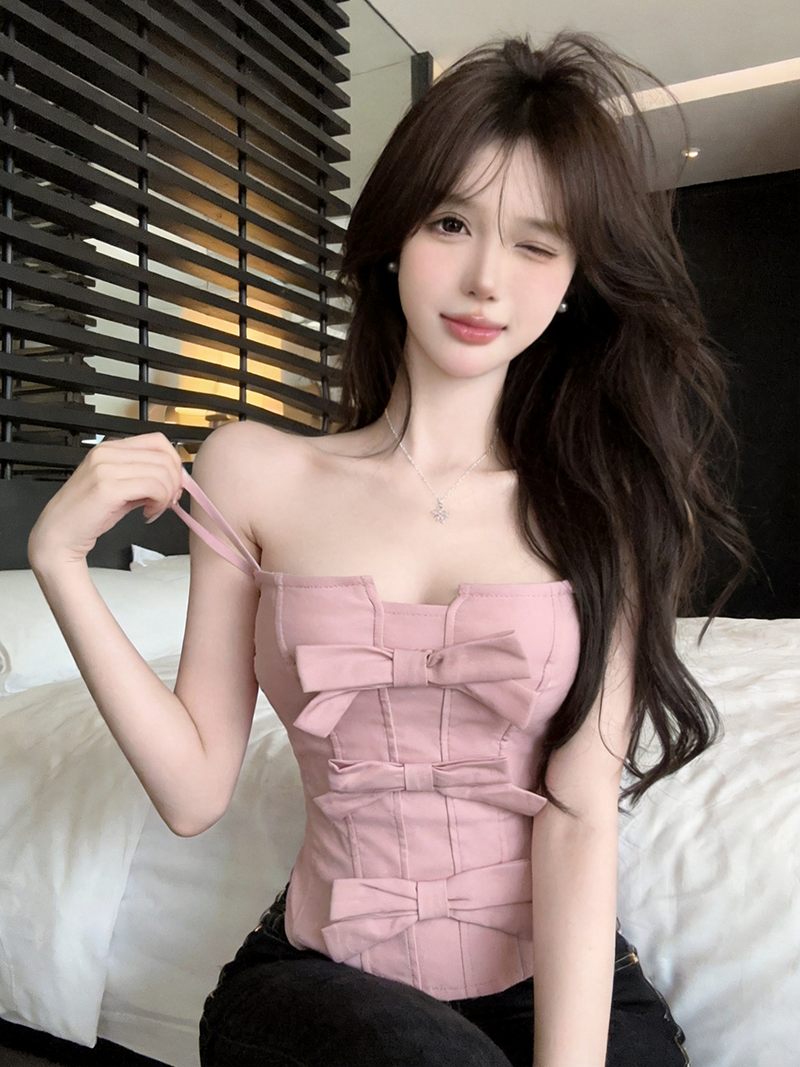 정가 실사 순수한 욕망 섹시함 핫걸 나비 매듭 몸매 가꾸기 쇼트 스타일 슬림해 보이는 슬립 부드러운 분말 조끼 맨위 여성