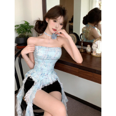 批发实价实拍纯欲温柔碎花蕾丝拼接飘带网纱抹胸(修身不规则上衣