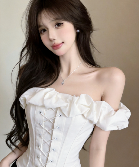 정가 실사 순수한 욕망 핫걸 아름다운 오프숄더 섹시함 화이트 낭만주의 스트랩 생선뼈 몸 코르셋 맨위 여성