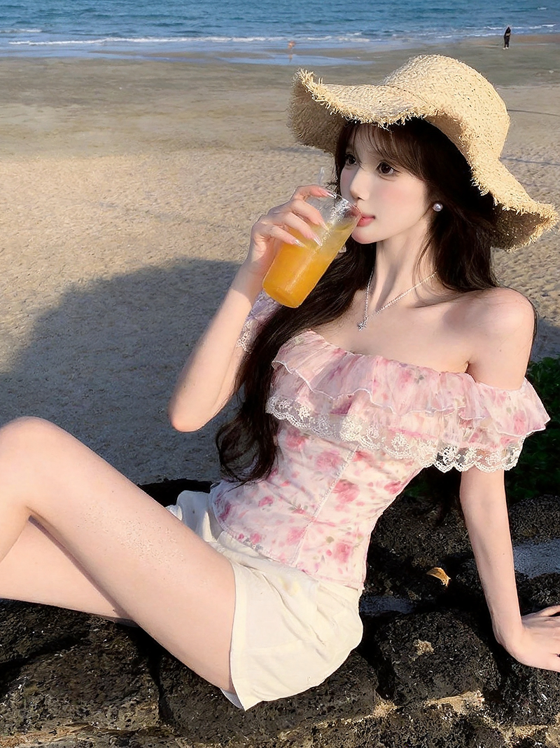 정가 실사 프랑스식 달콤한 스타일 꽃무늬 프릴 레이스 조각 튜브탑 조끼 여성 오프숄더 연령 감소 맨위