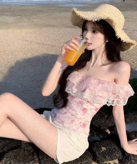 정가 실사 프랑스식 달콤한 스타일 꽃무늬 프릴 레이스 조각 튜브탑 조끼 여성 오프숄더 연령 감소 맨위
