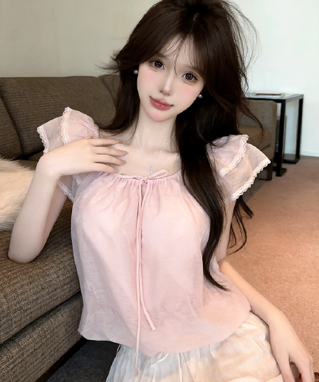 정가 실사 프랑스식 달콤함 연령 감소 오프숄더 레이스 측면 Feifei 소매 라운드 넥 둘 착용 부드러운 꽃밭 맨위