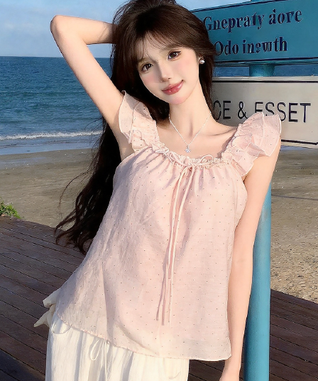 정가 실사 한 부서 인형 셔츠 디자인 센스 도트 무늬 연령 감소 Feifei 소매 여성 셔츠 여름 레이스업 슬림해 보이는 맨위