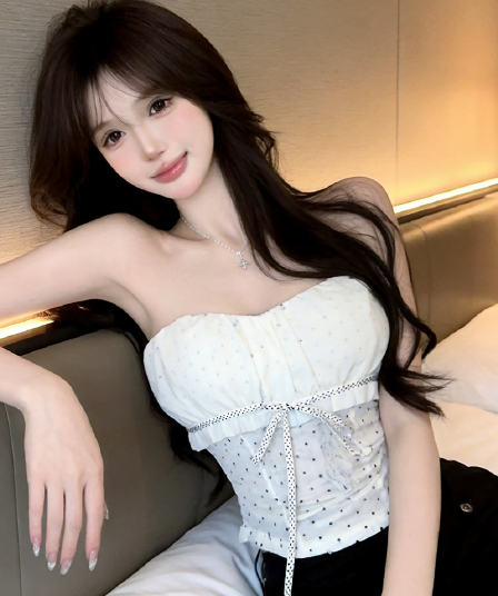 정가 실사 핫걸 섹시함 도트 무늬 튜브탑 조끼 여성 여름 외출용 순수한 욕망 바람 스트랩 허리 수축 민소매 맨위