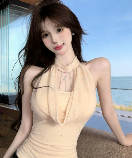 정가 실사 디자인 센스 체인 흔들다 칼라 플래시 훈련 행침 목 조끼 여성 여름 핫걸 허리 수축 몸매 가꾸기 슬림해 보이는 맨위