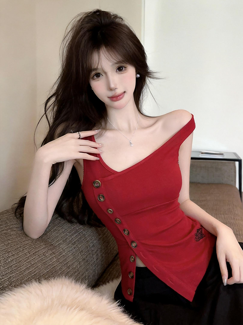 BY26481# 纯欲辣妹设计感斜领不对称开叉纽扣吊带背心女无袖上衣夏  服裝批發女裝批發服飾貨源