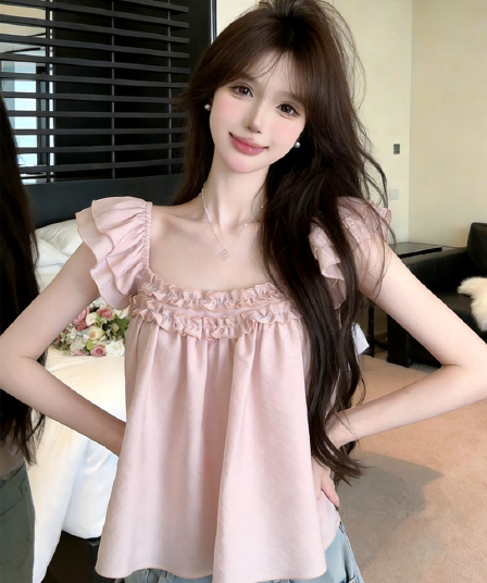 정가 실사 프랑스식 이중층 프릴 디자인 센스 순수한 욕망 달콤함 연령 감소 루즈핏 Feifei 소매 외국 가스 맨위 여성