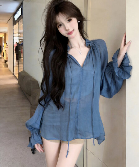 정가 실사 고급 센스 벌룬 소매 여성 셔츠 펌프 Pleat 프릴 칼라 가을 어깨 긴팔 파란색 얇고 가벼운 맨위