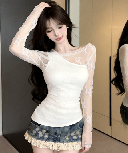 정가 실사 순수한 욕망 핫걸 비스듬한 어깨 조끼 레이스 자외선 차단 블라우스 불규칙 페이크 레이어드 긴팔 티셔츠 맨위