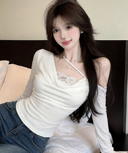 정가 실사 핫걸 비스듬한 어깨 레이스 레이스 흔들다 칼라 긴팔 티셔츠 여성 몸매 가꾸기 다용도 주름 만나는 맨위