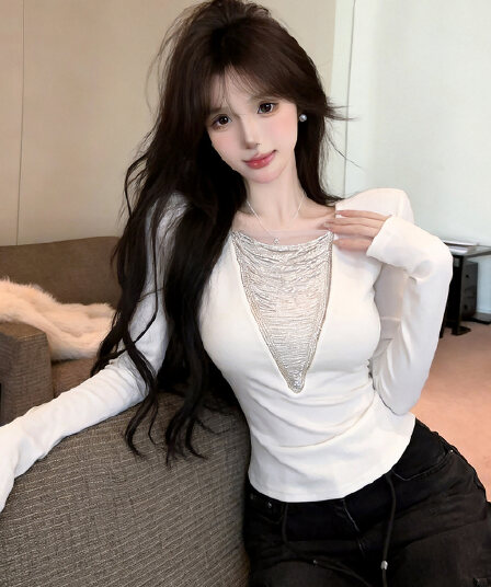 정가 실사 순수한 욕망 핫걸 체인 V넥 기본 셔츠 여성 인사이드 가져 가라. 긴팔 패션 티셔츠 맨위 봄