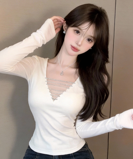 정가 실사 순수한 욕망 핫걸 훈련 사슬 섹시함 V넥 이슬 쇄골 슬림해 보이는 허리 수축 몸매 가꾸기 긴팔 맨위
