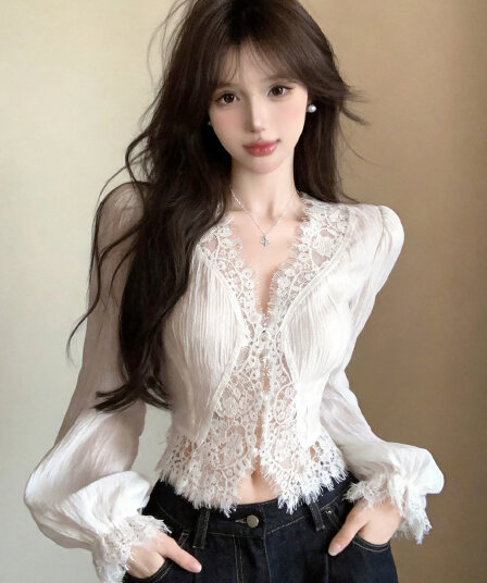 정가 실사 순수한 욕망 부드러운 바람 싸움 속눈썹 레이스 셔츠 쇼트 스타일 슬림해 보이는 문예 느긋한 긴팔 맨위
