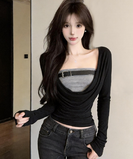 정가 실사 유럽과 미국 레트로 핫걸 페이크 레이어드 흔들다 칼라 긴팔 티셔츠 여성 디자인 센스 허리 수축 슬림해 보이는 짧은 맨위