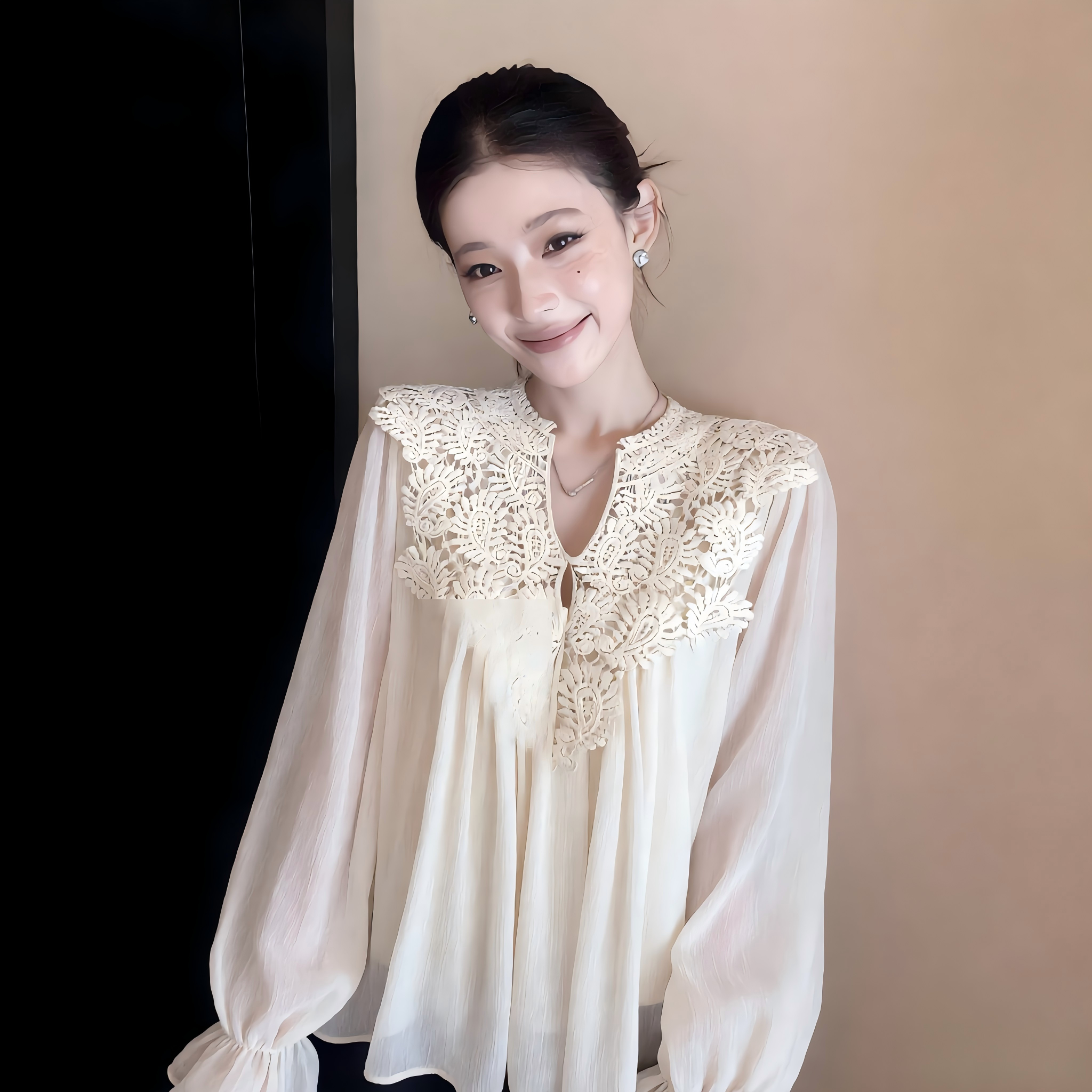 빅 사이즈 실사 무거운 작업 레이스 레이스 패치워크 디자인 작은 셔츠 캐미솔 달콤함 긴팔 투피스 세트 세트