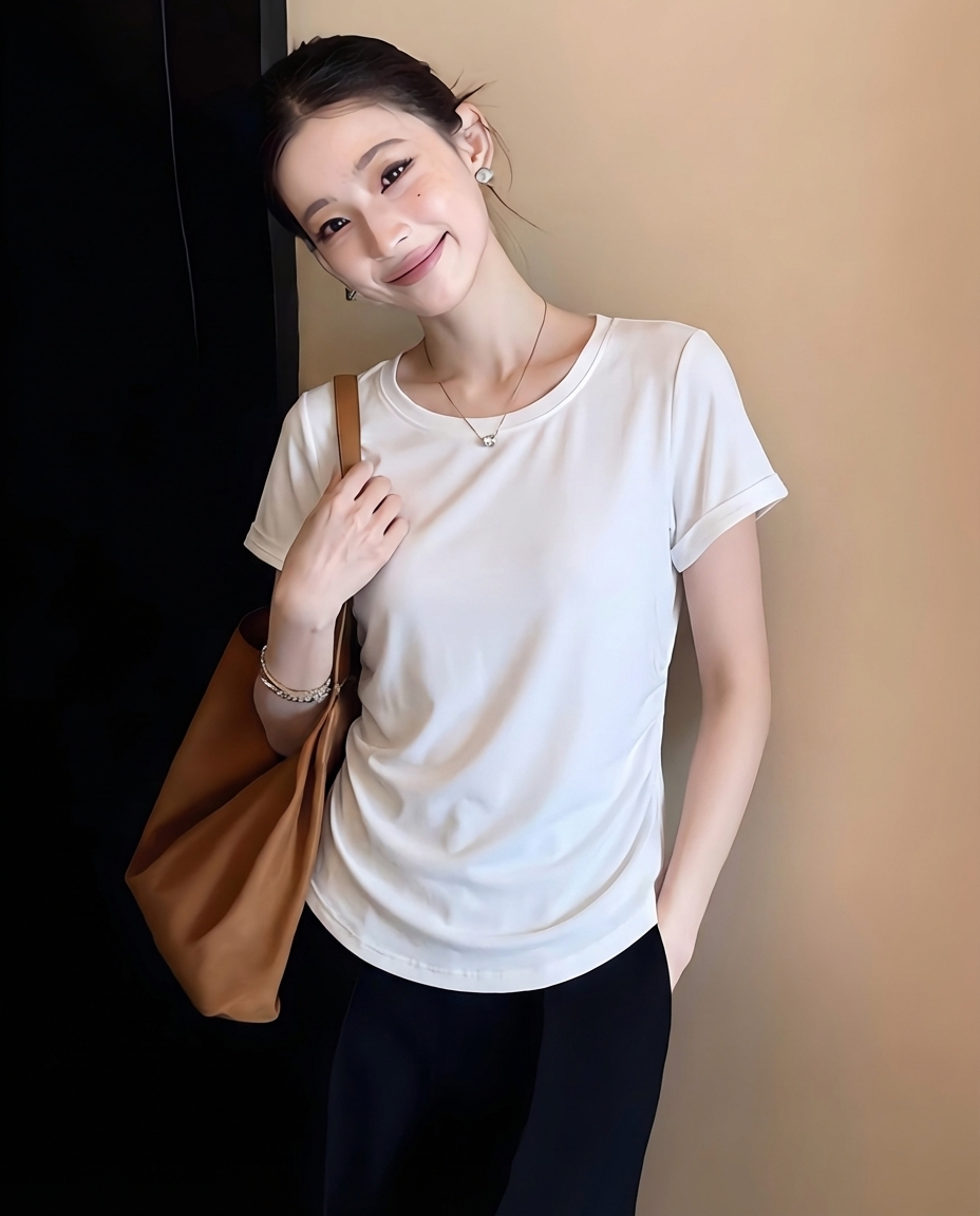 빅 사이즈 실사 새로운 라운드 넥 반팔 티셔츠 여성 여름 다용도 패션 맨위