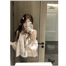 批发早纪春奈露肩蝴蝶结<b class='q'>波点</b>宽松<b class='q'>衬衫</b>上衣