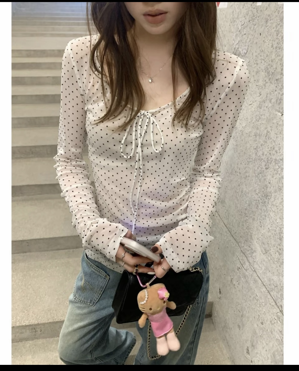 im ~까지 핫걸 바람 도트 무늬 레이스업 긴팔 티셔츠 몸매 가꾸기 디스플레이 얇은 얇은 스타일 망사 맨위