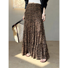 批发2026春夏季新款法式豹纹印花压褶高腰半身裙女长裙