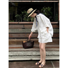 批发老钱风亚麻衬衫套装女夏慵懒松弛宽松简约高端棉麻衬衫<b class='q'>短裤</b>两件套