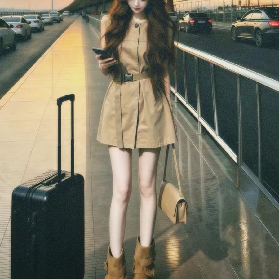 프랑스식 레트로 카키 색 조끼 여성 드레스 여름 2026 새로운 자이언트 잘 생긴 허리 수축 한 마디 워크웨어 미니 스커트