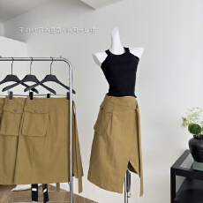 批发女装半身裙2025春装新款高腰不对称开衩直筒工装风半身裙