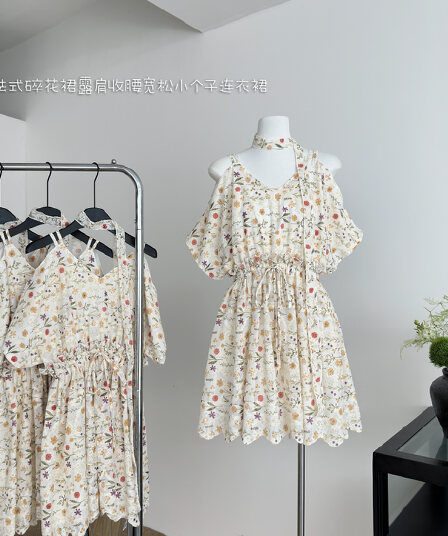 여름 프랑스식 꽃무늬 치마 오프숄더 허리 수축 루즈핏 작은 키 드레스 여름 여성 의류 치마 미니 스커트