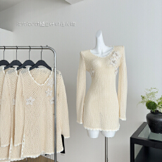 批发法式深U领镂空针织连衣裙女夏季慵懒宽松显瘦裙子